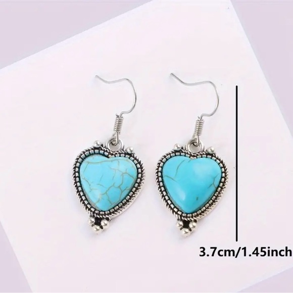 NEW faux Turquoise Earrings, vintage antique silvery look, heart shaped - Picture 2 of 2